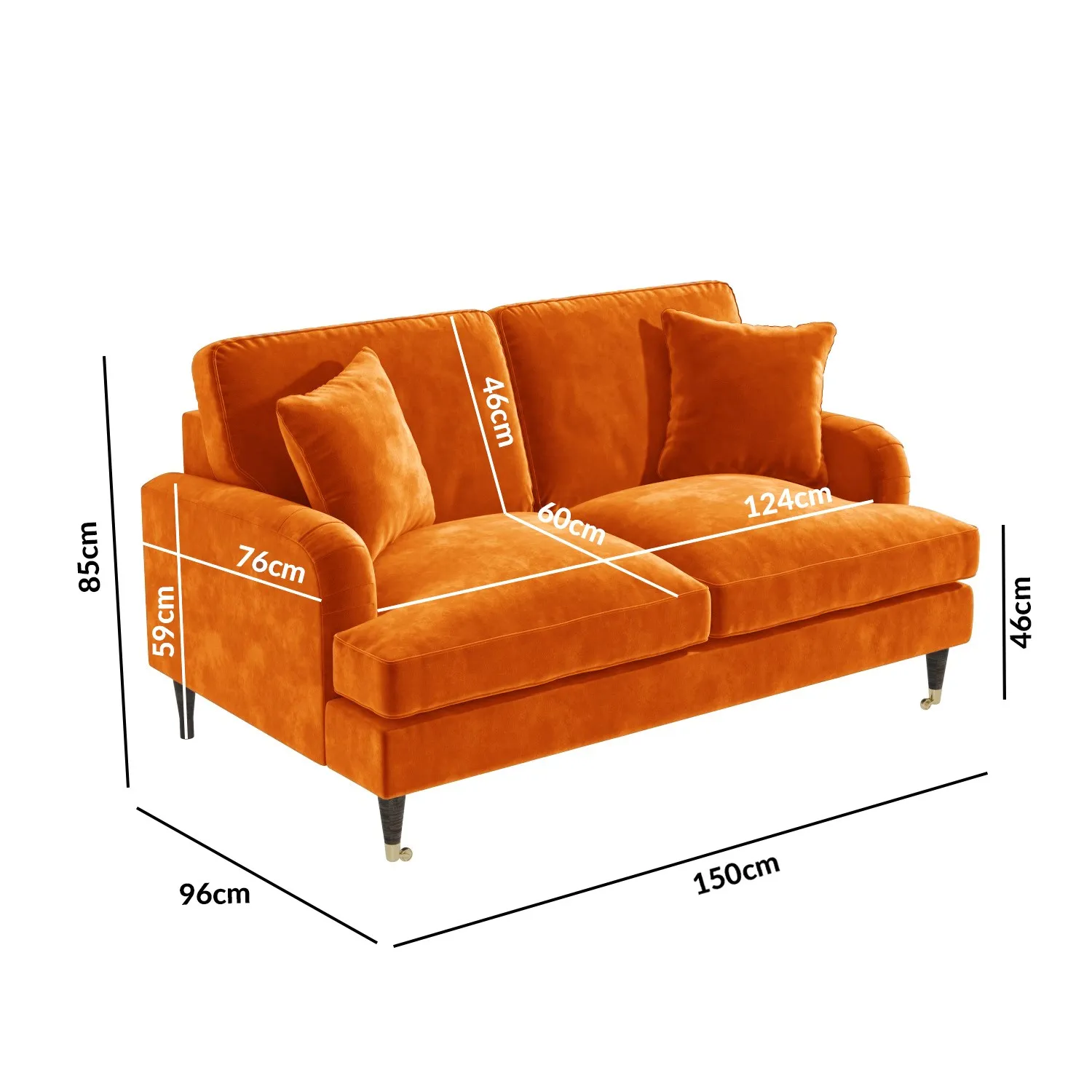 2-Seater Sofa with Scatter Cushions - Orange, Velvet