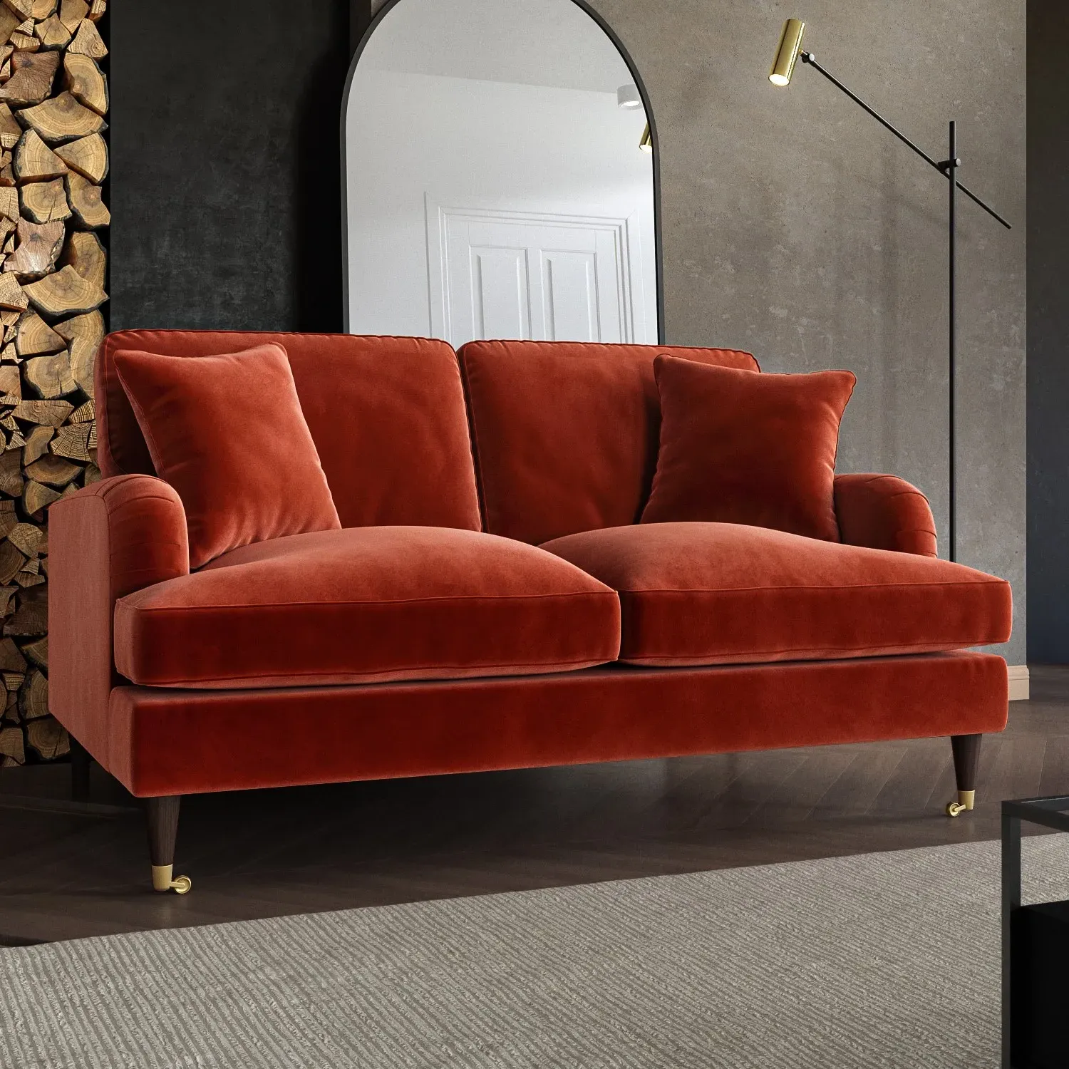 2-Seater Sofa with Scatter Cushions - Orange, Velvet