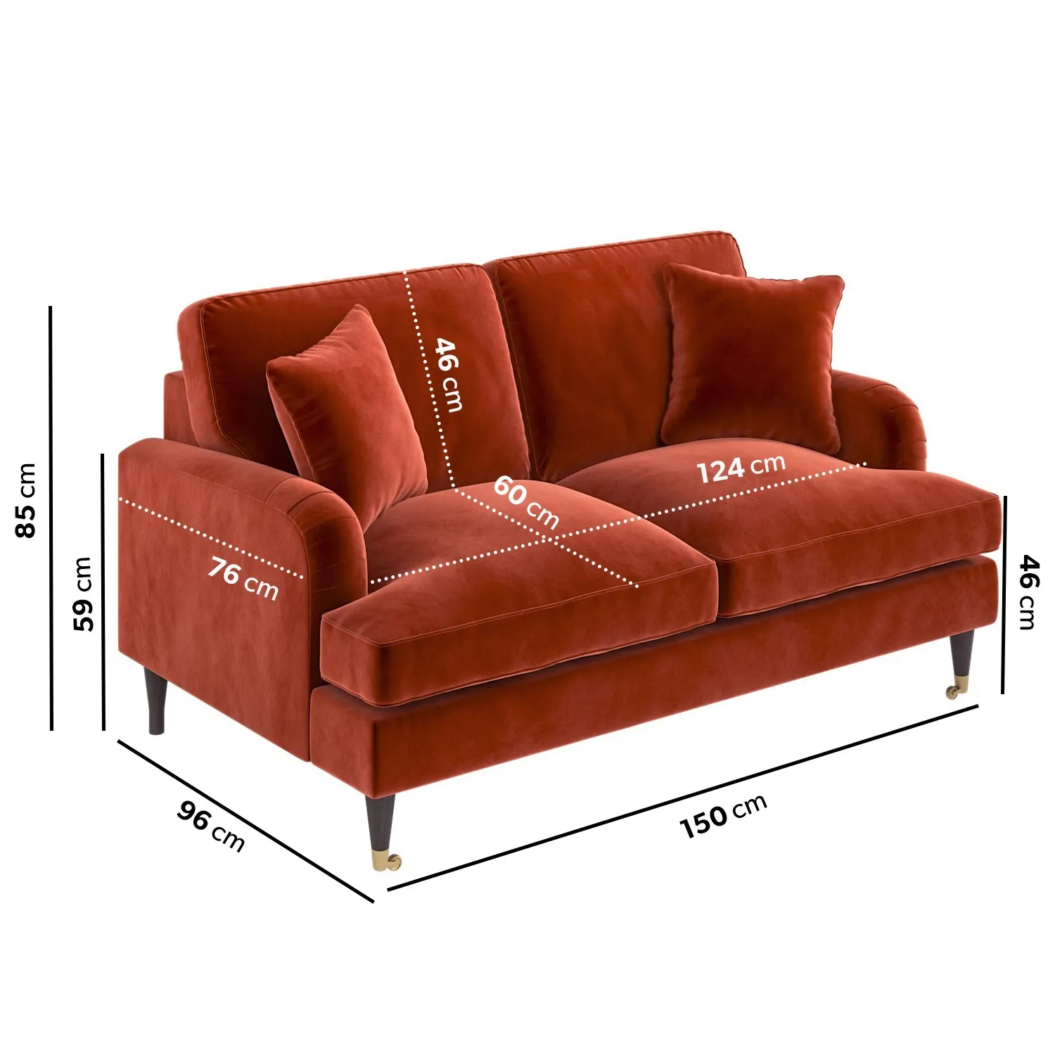 2-Seater Sofa with Scatter Cushions - Orange, Velvet