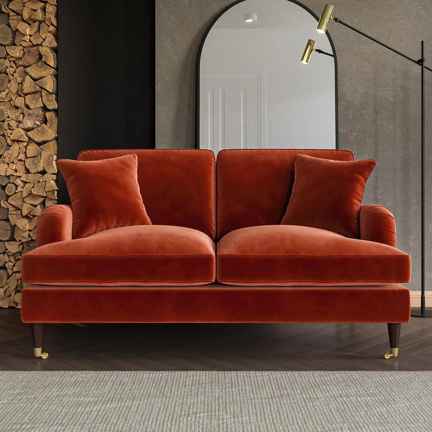 2-Seater Sofa with Scatter Cushions - Orange, Velvet