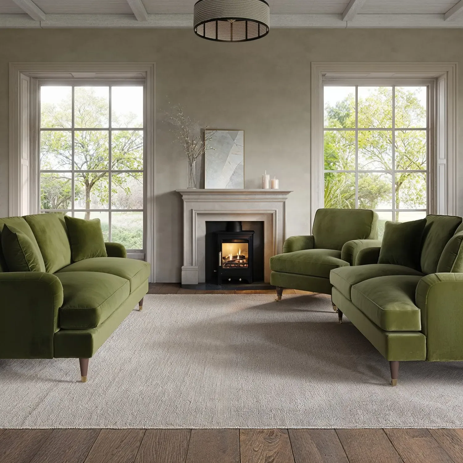 3-Piece Sofa Set with Gold Castors - Green, Velvet