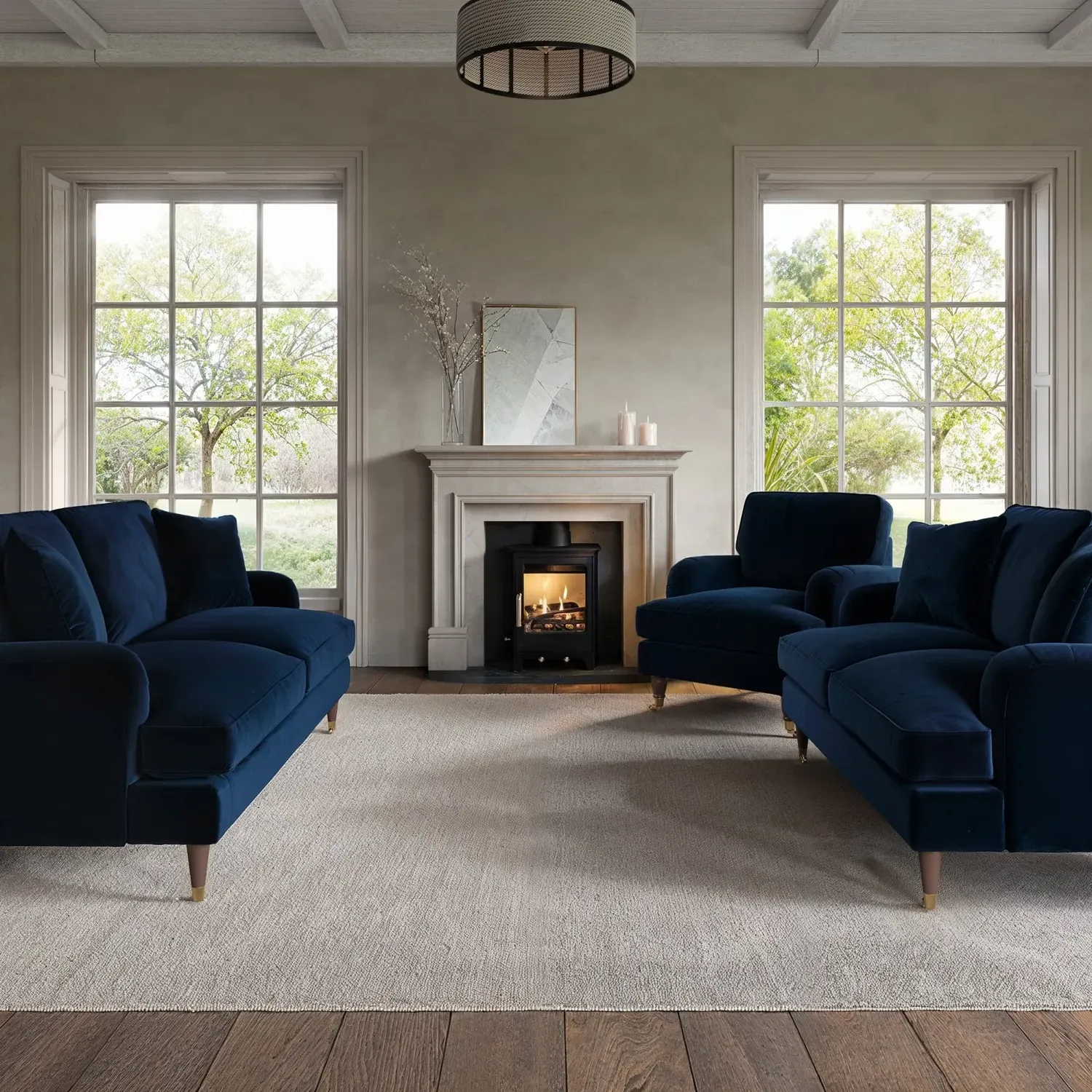 3-Piece Sofa Set with Scatter Cushions - Navy, Velvet