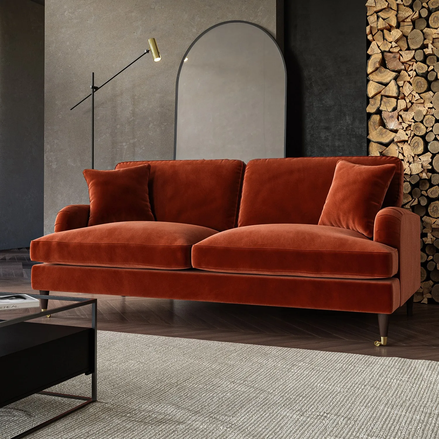 3-Seater Sofa and Armchair Set - Orange, Velvet