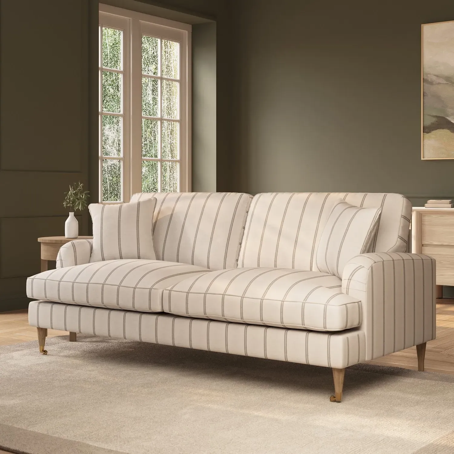 3-Seater Sofa with Castors - Cream, Chenille