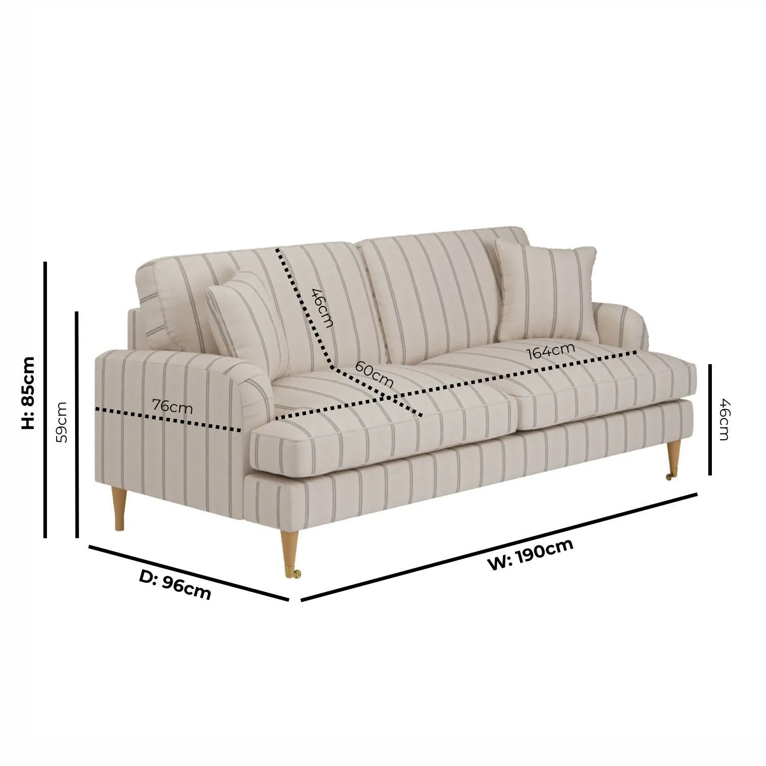 3-Seater Sofa with Castors - Cream, Chenille