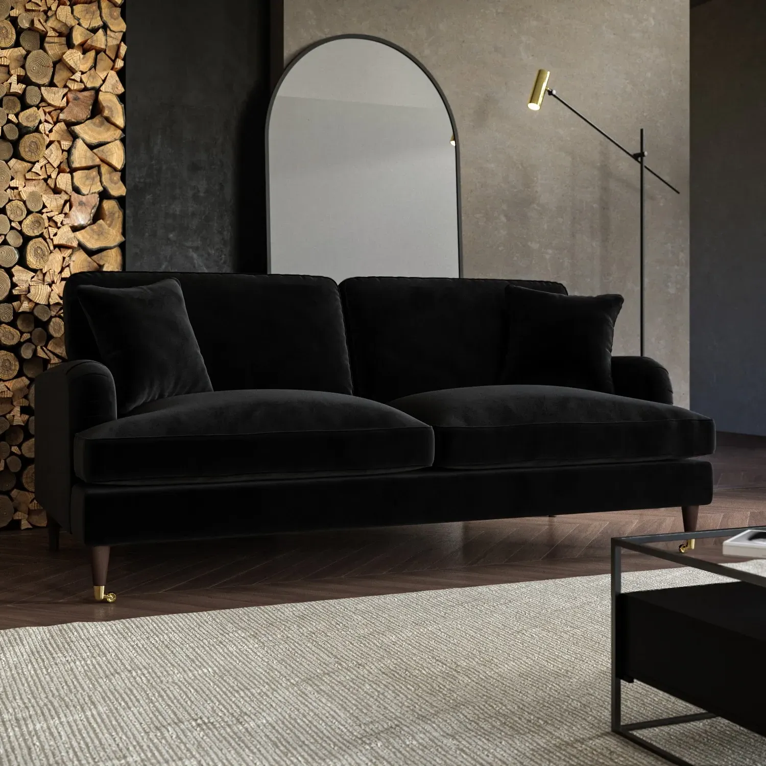 3-Seater Sofa with Scatter Cushions - Black, Velvet