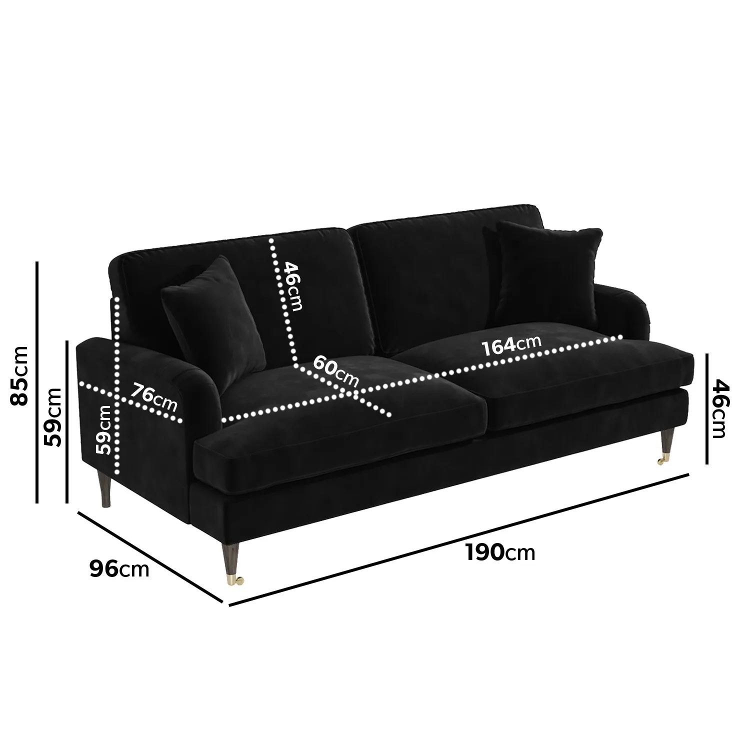 3-Seater Sofa with Scatter Cushions - Black, Velvet