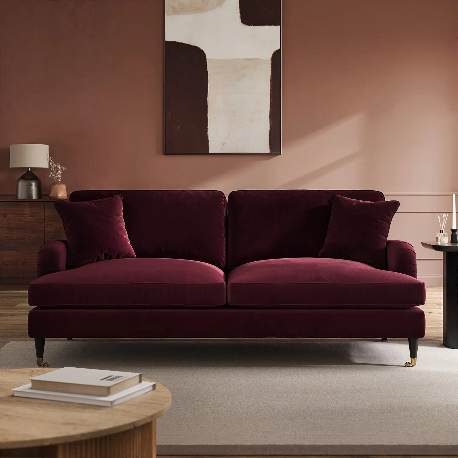 3-Seater Sofa with Scatter Cushions - Burgundy, Velvet