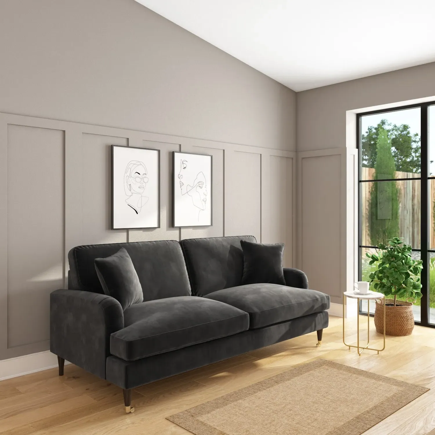 3-Seater Sofa with Scatter Cushions - Grey, Velvet