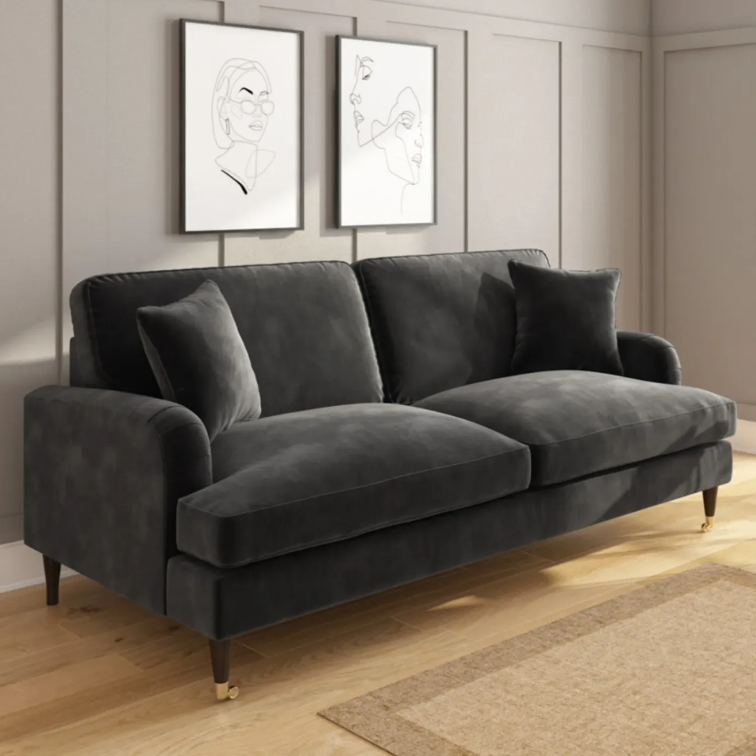 3-Seater Sofa with Scatter Cushions - Grey, Velvet