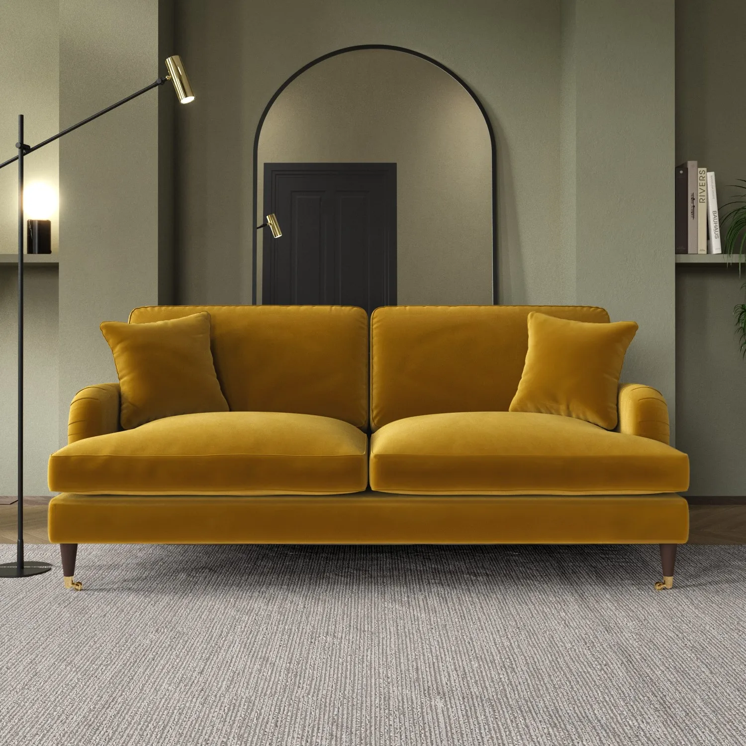 3-Seater Sofa with Scatter Cushions - Mustard, Velvet