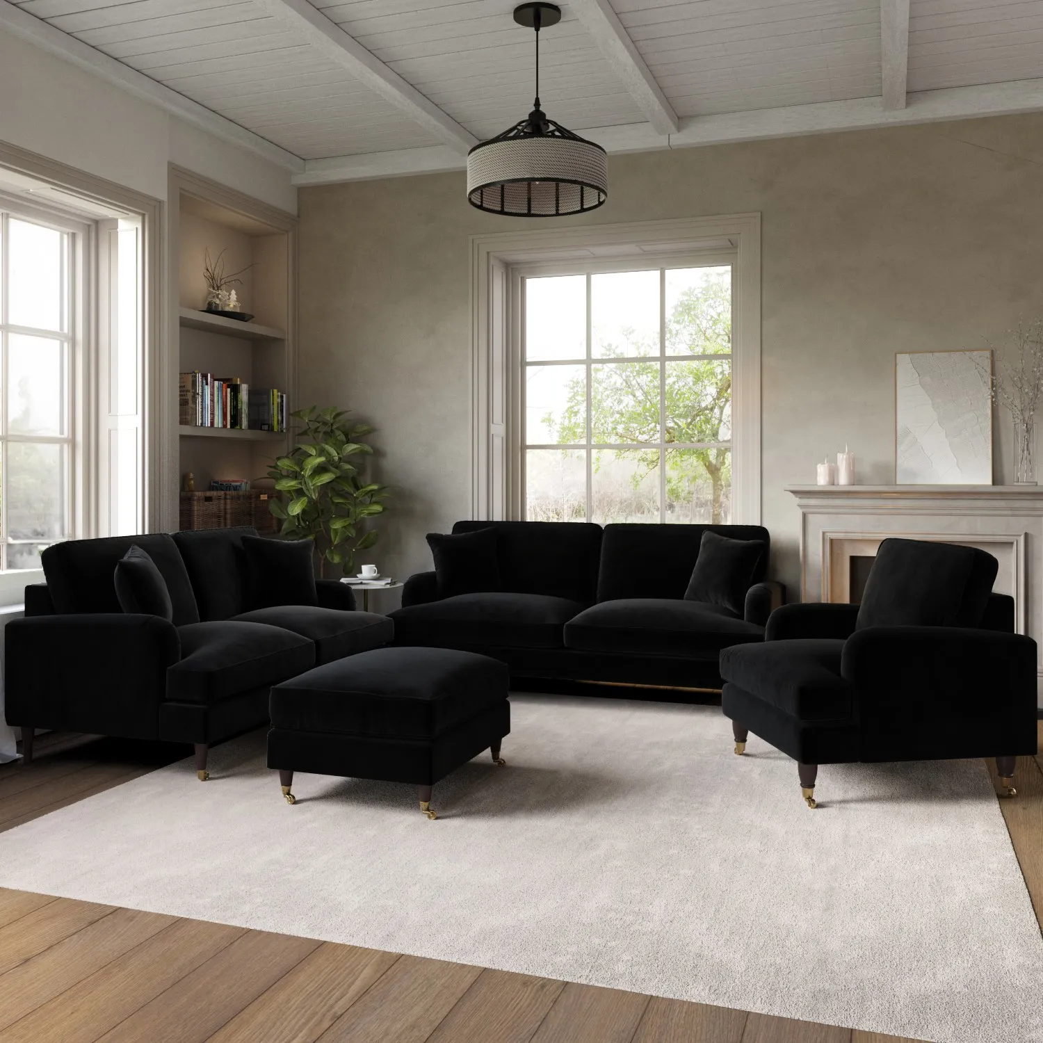 4-Piece Sofa Set with Footstool - Black, Velvet