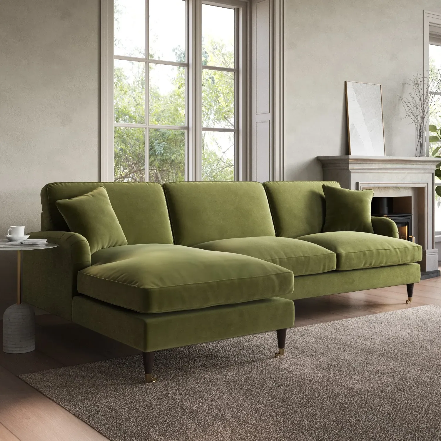 4-Seater Chaise Corner Sofa - Green, Velvet