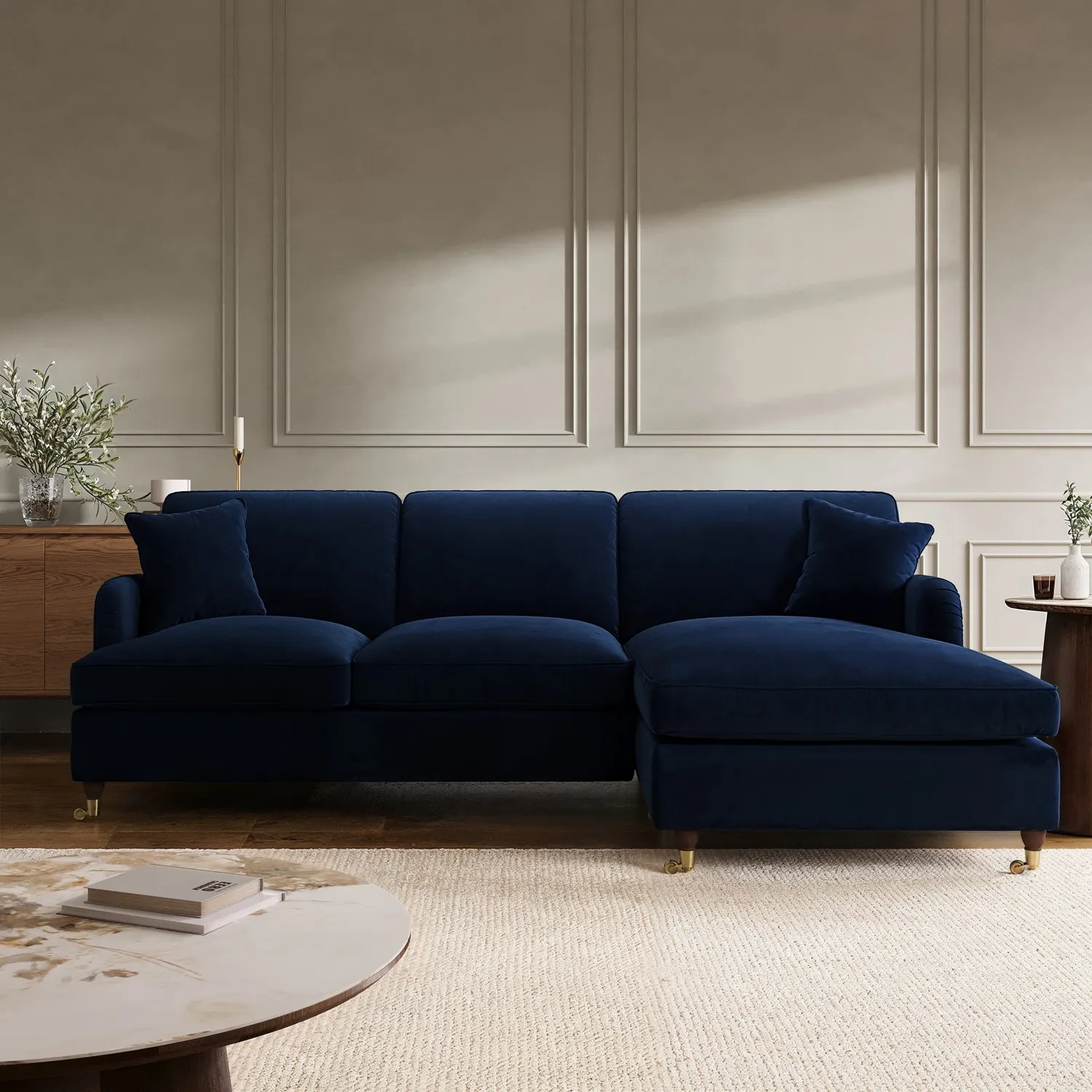 4-Seater Corner Sofa Bed with Chaise - Blue, Velvet