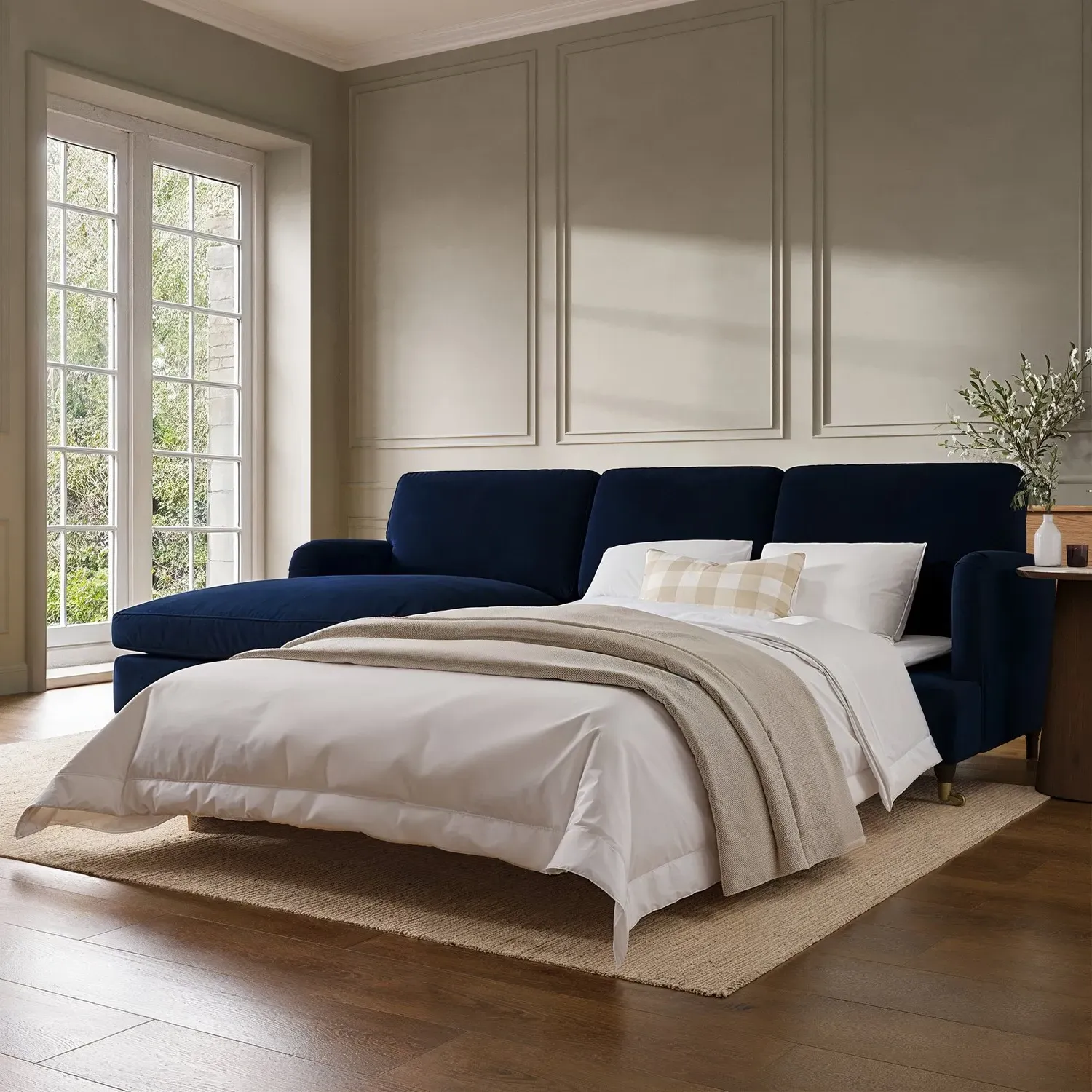 4-Seater Corner Sofa Bed with Chaise - Blue, Velvet