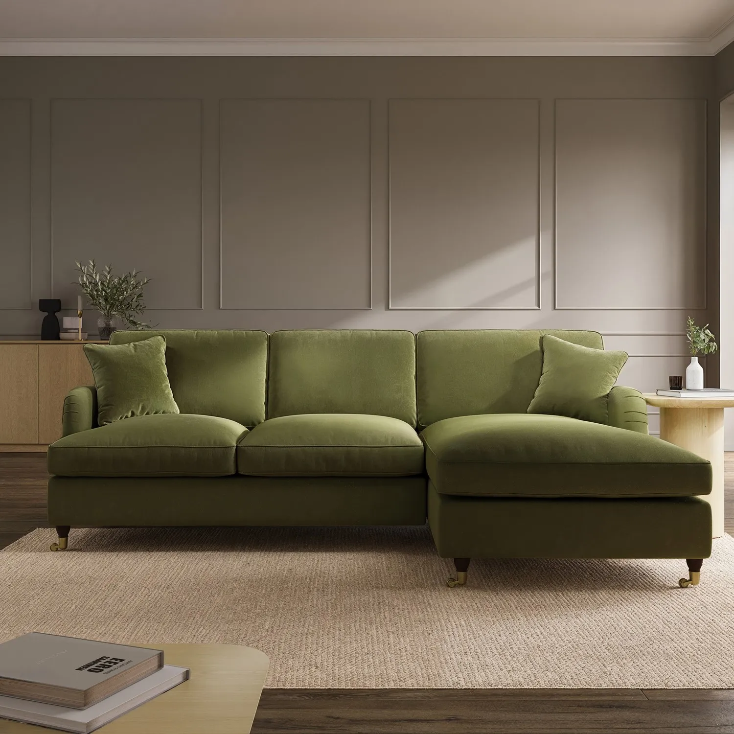 4-Seater Corner Sofa Bed with Chaise - Green, Velvet
