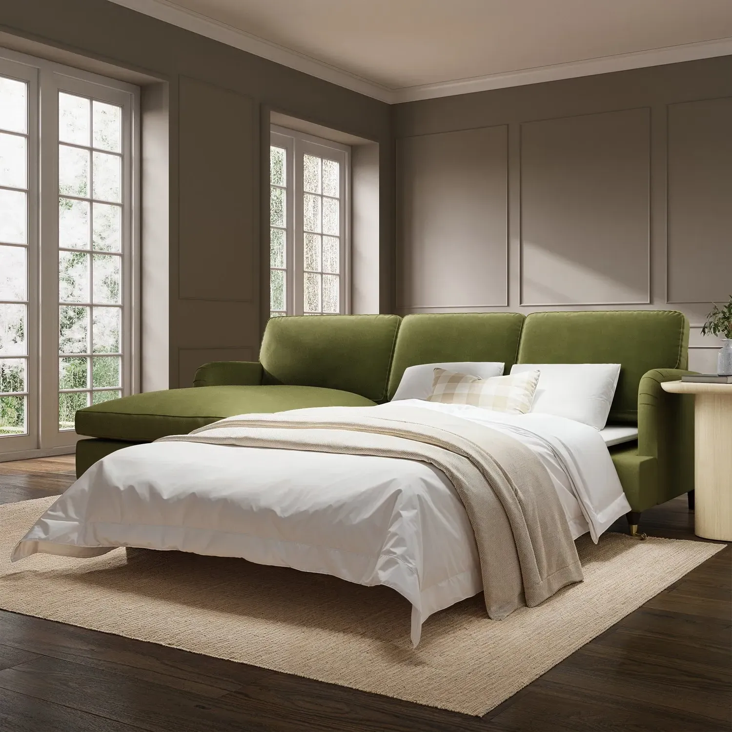 4-Seater Corner Sofa Bed with Chaise - Green, Velvet