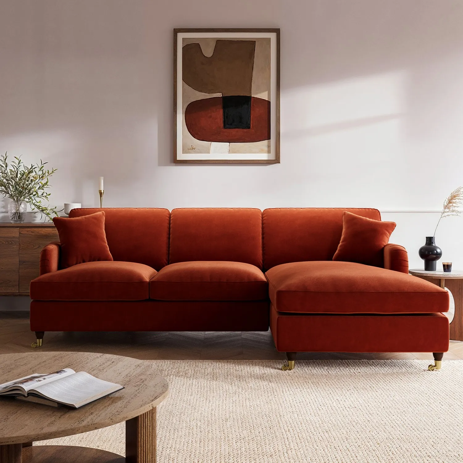 4-Seater Corner Sofa Bed with Chaise - Orange, Velvet