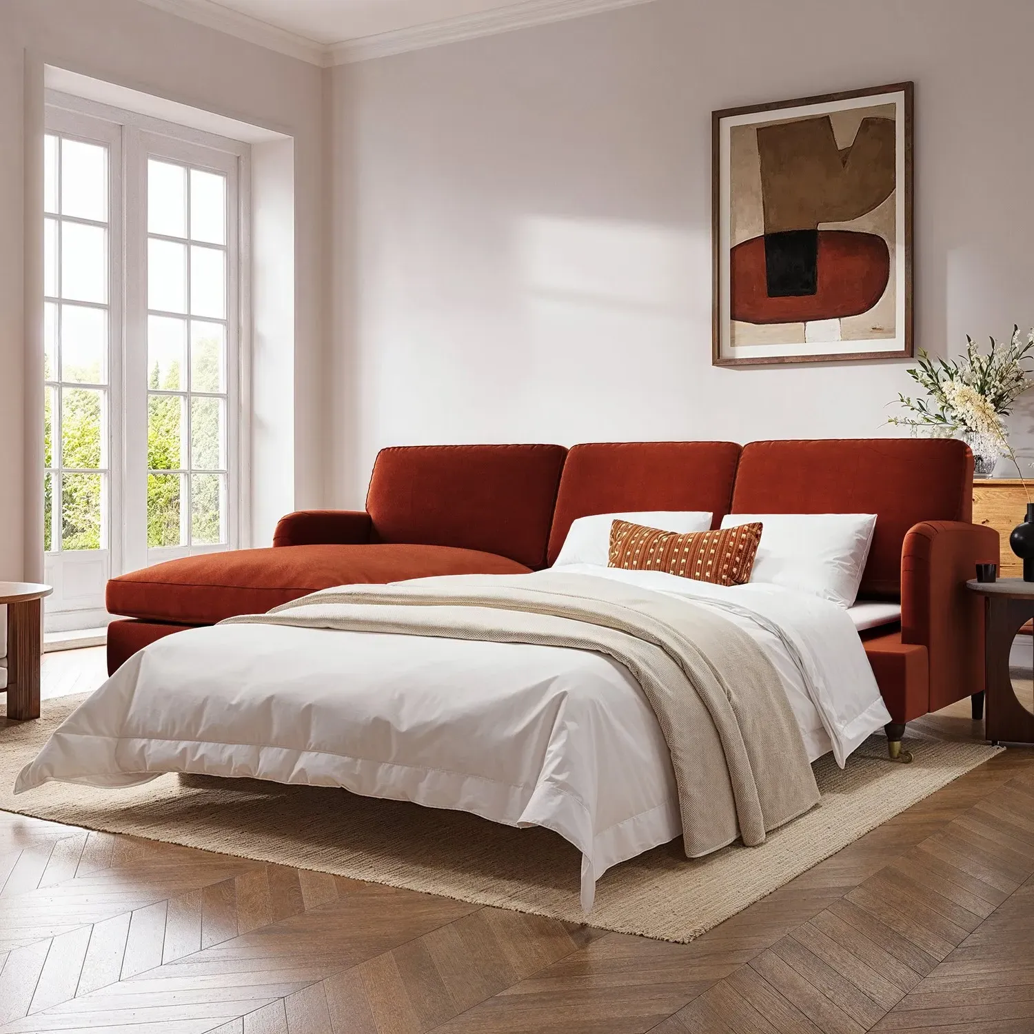 4-Seater Corner Sofa Bed with Chaise - Orange, Velvet