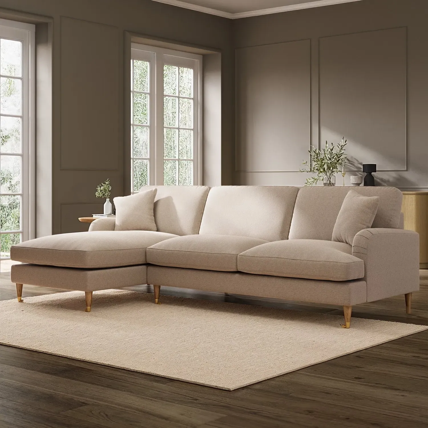 4-Seater Corner Sofa with Chaise - Beige, Fabric