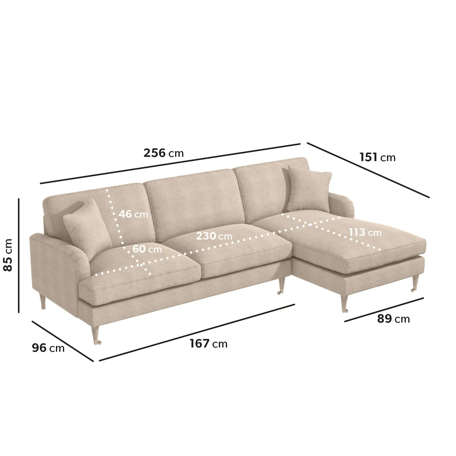 4-Seater Corner Sofa with Chaise - Beige, Fabric