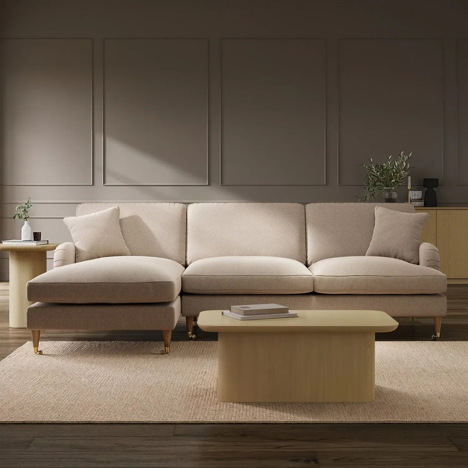 4-Seater Corner Sofa with Chaise - Beige, Fabric