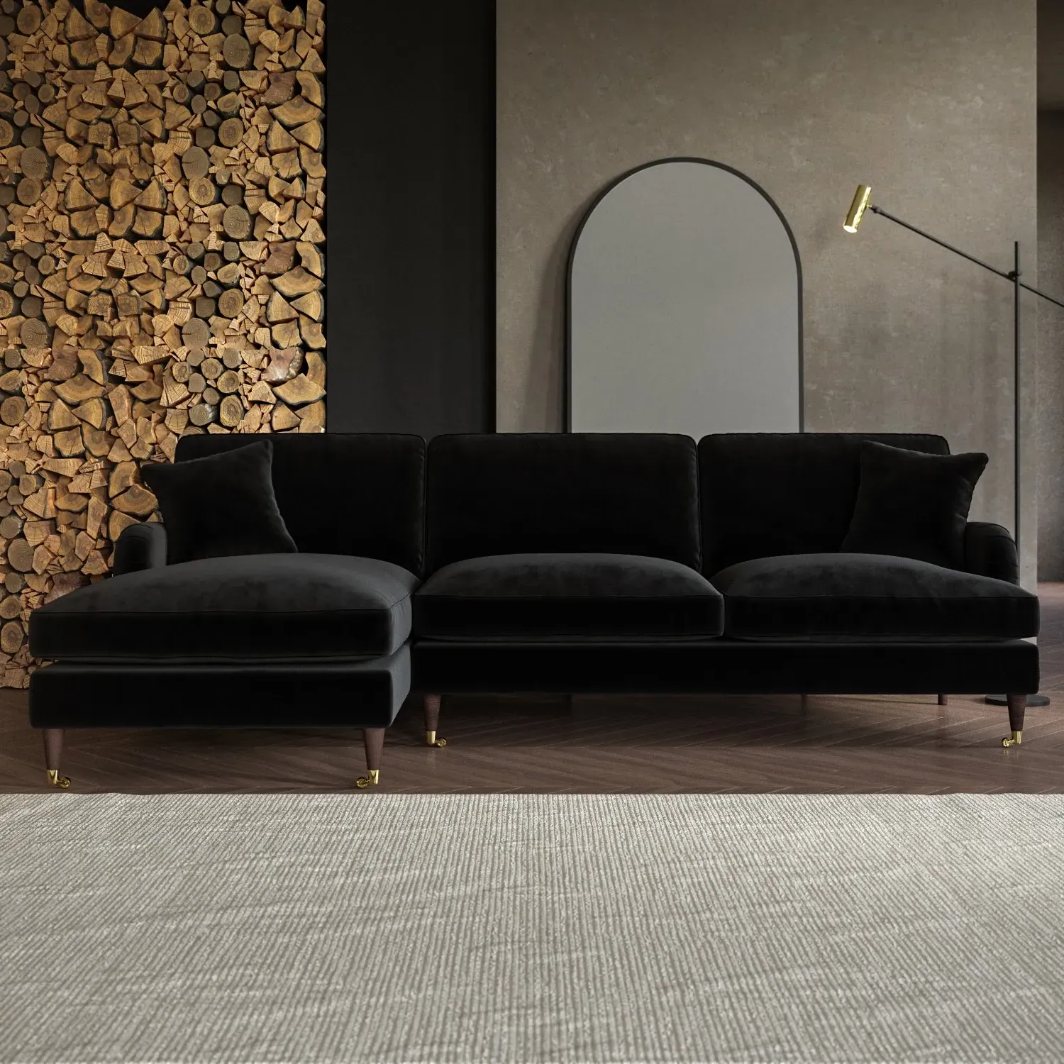 4-Seater Corner Sofa with Chaise - Black, Velvet