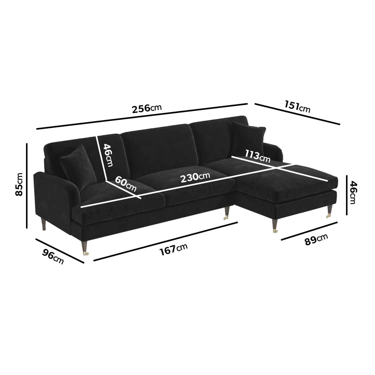 4-Seater Corner Sofa with Chaise - Black, Velvet