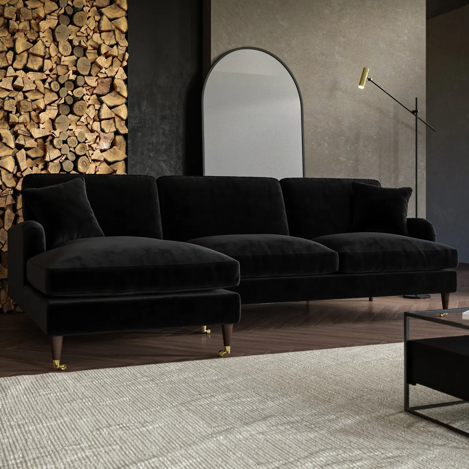 4-Seater Corner Sofa with Chaise - Black, Velvet
