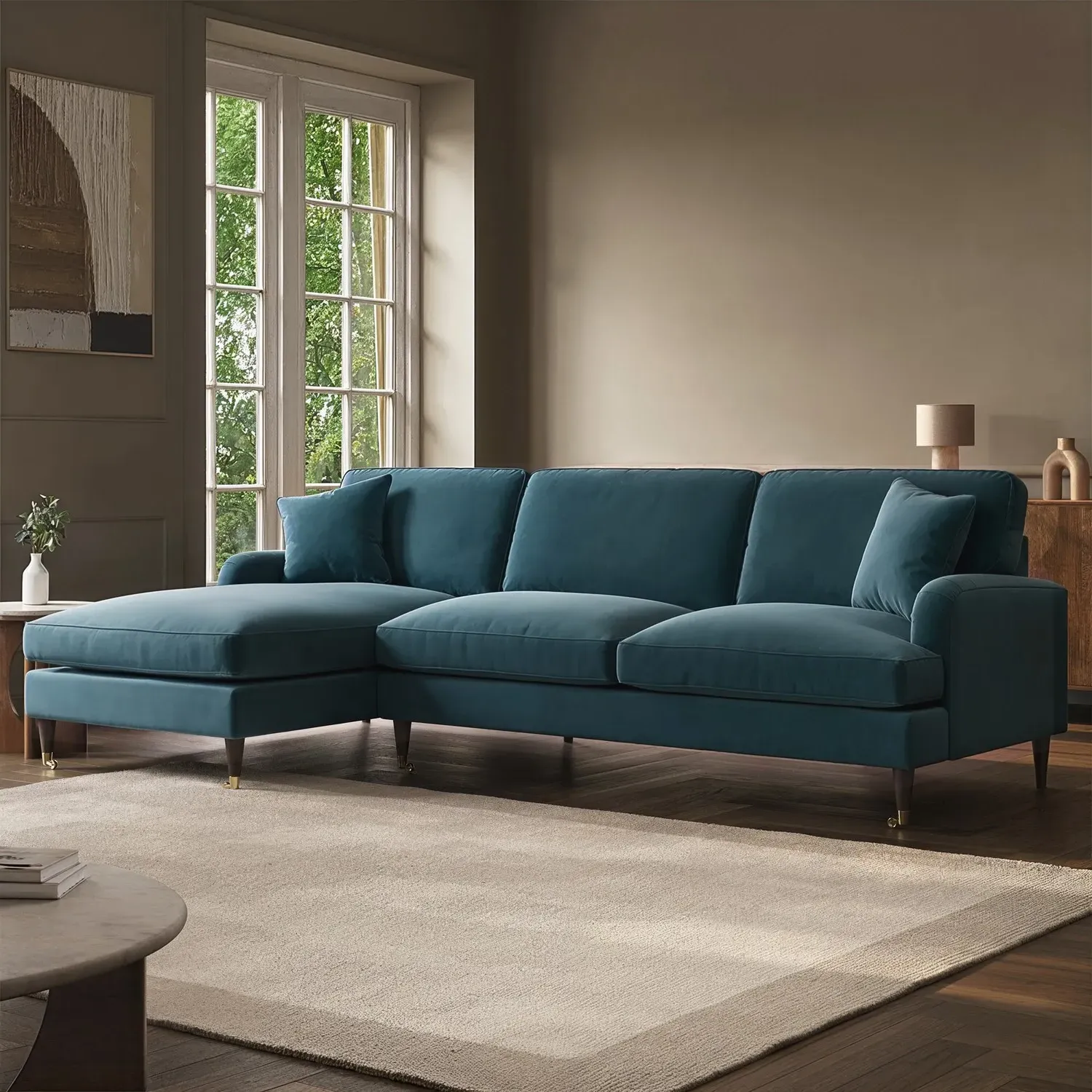4-Seater Corner Sofa with Chaise - Blue, Velvet