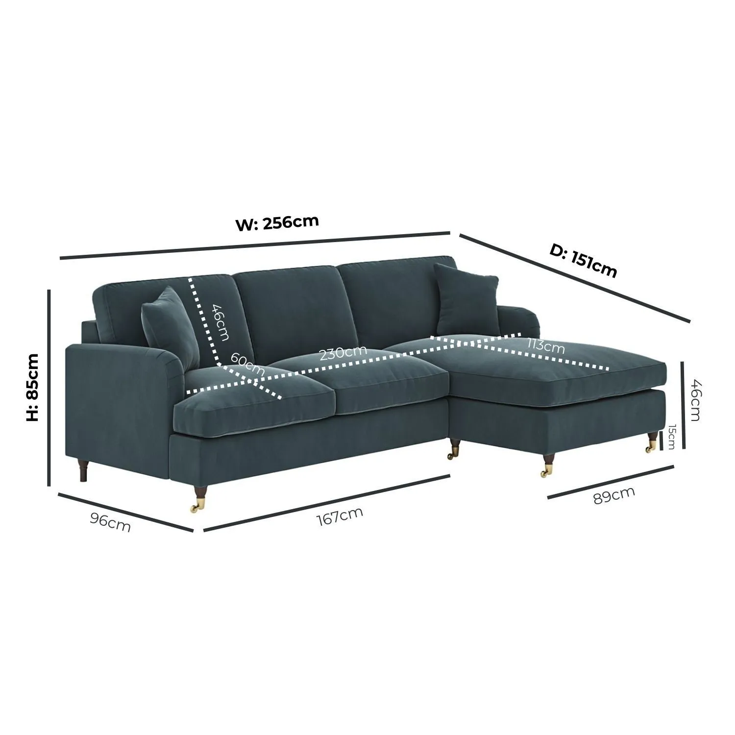 4-Seater Corner Sofa with Chaise - Blue, Velvet