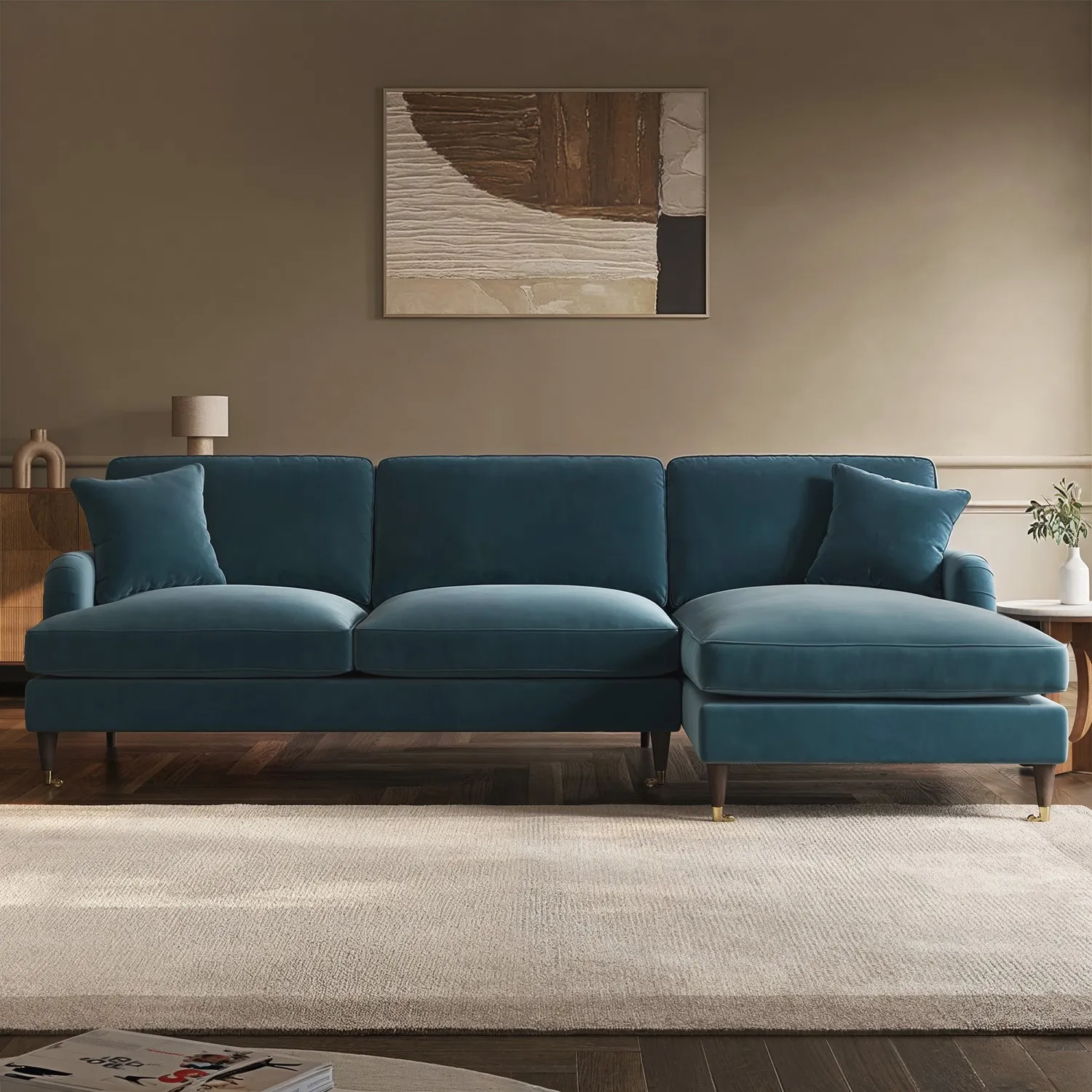 4-Seater Corner Sofa with Chaise - Blue, Velvet image