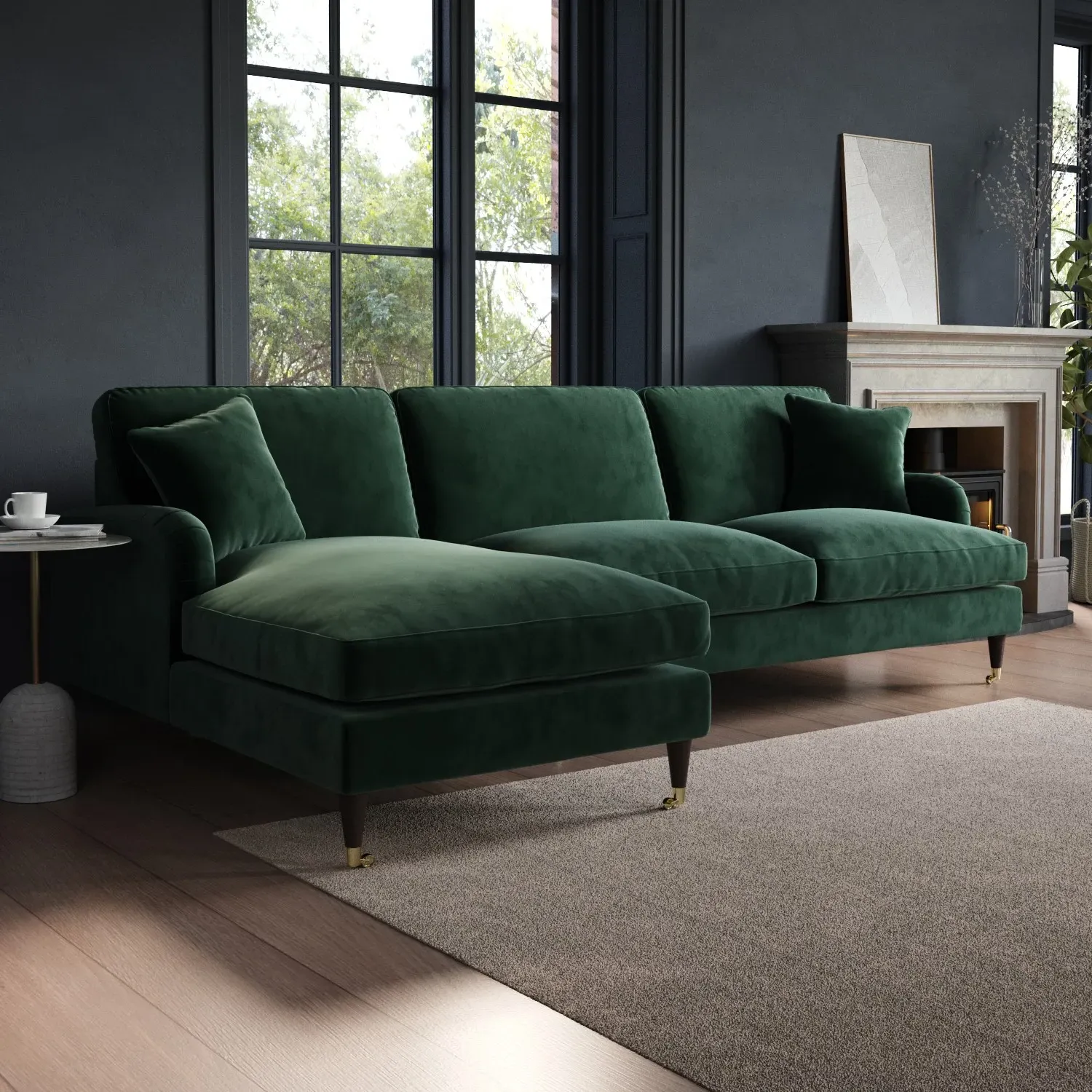 4-Seater Corner Sofa with Chaise - Green, Velvet
