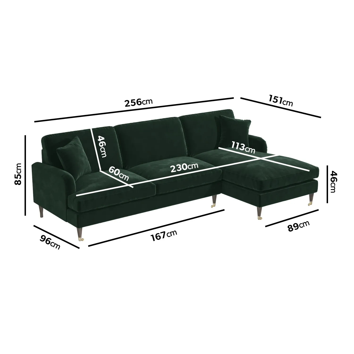 4-Seater Corner Sofa with Chaise - Green, Velvet