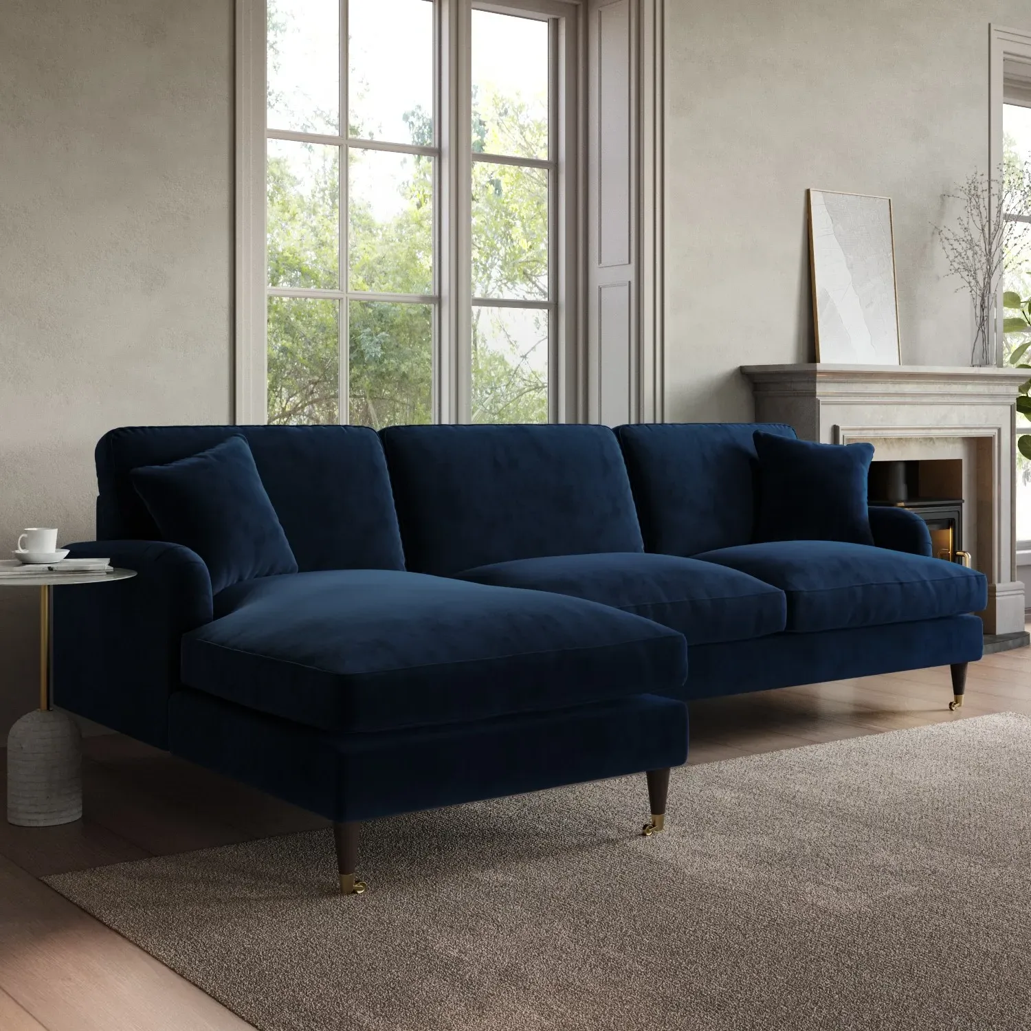 4-Seater Corner Sofa with Chaise - Navy, Velvet