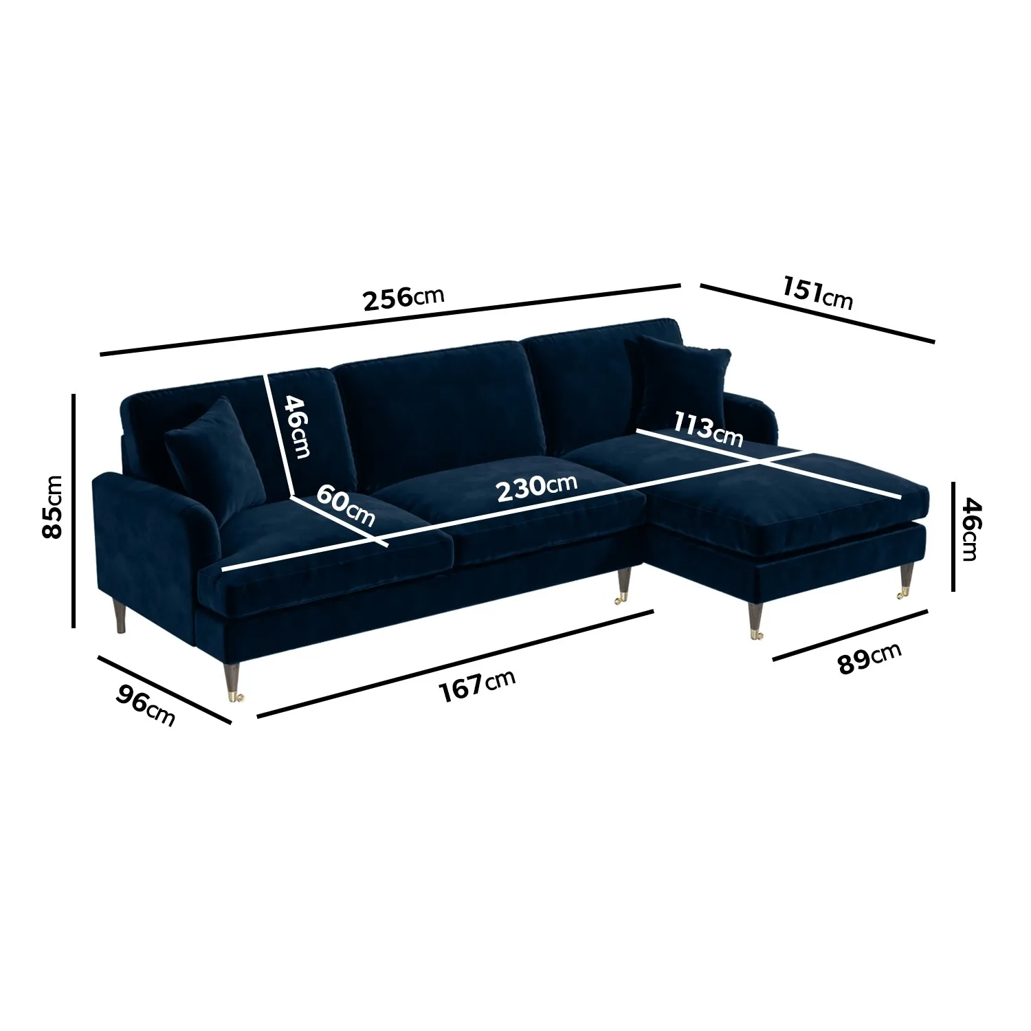 4-Seater Corner Sofa with Chaise - Navy, Velvet