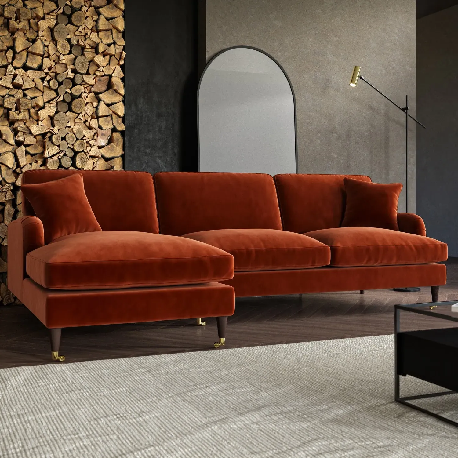 4-Seater Corner Sofa with Chaise - Orange, Velvet