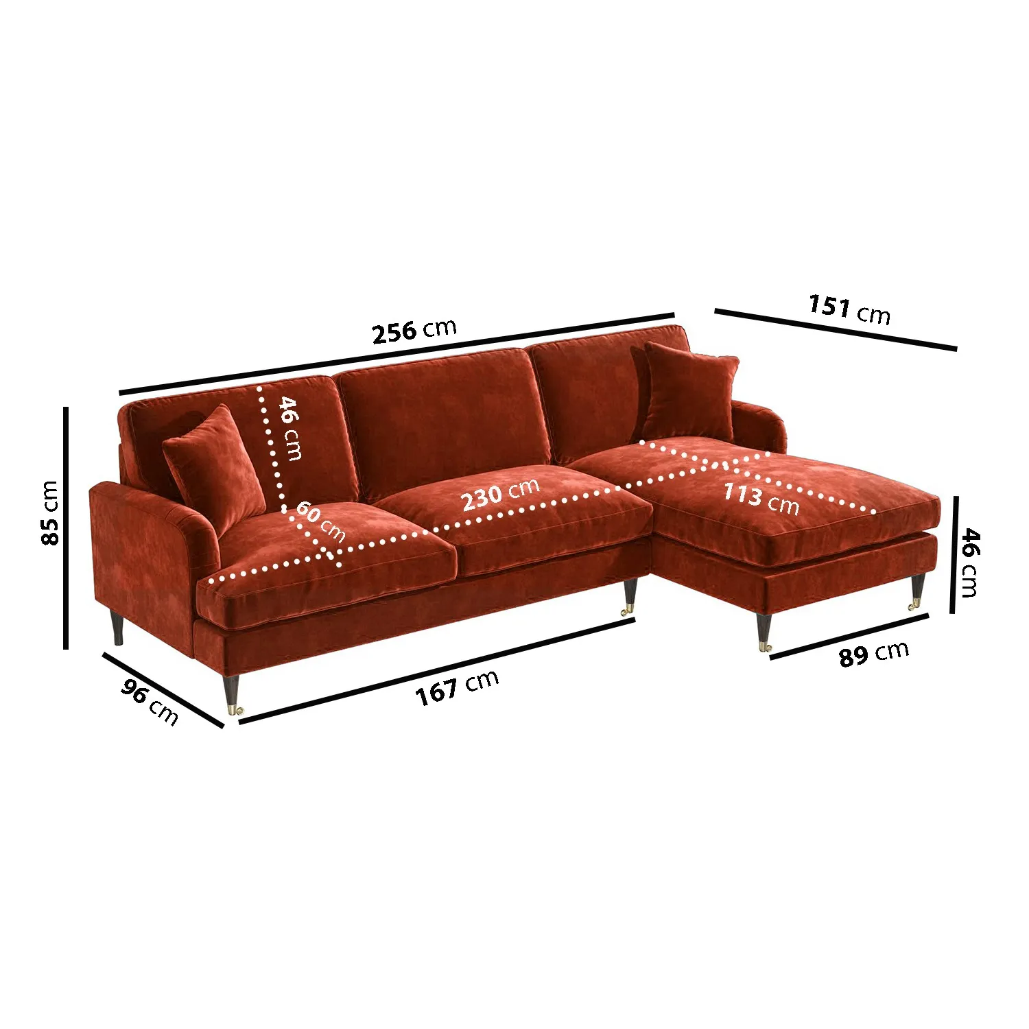4-Seater Corner Sofa with Chaise - Orange, Velvet