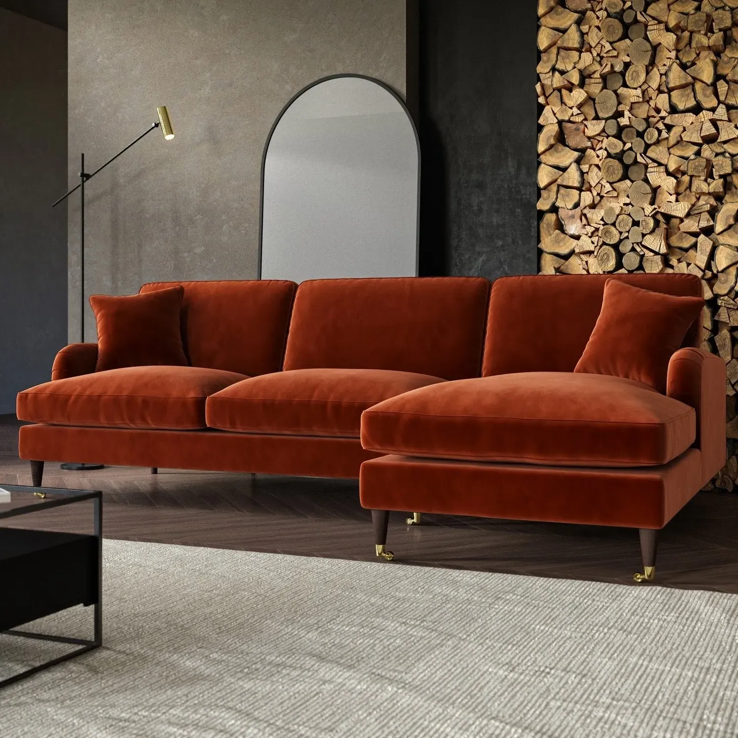 4-Seater Corner Sofa with Chaise - Orange, Velvet