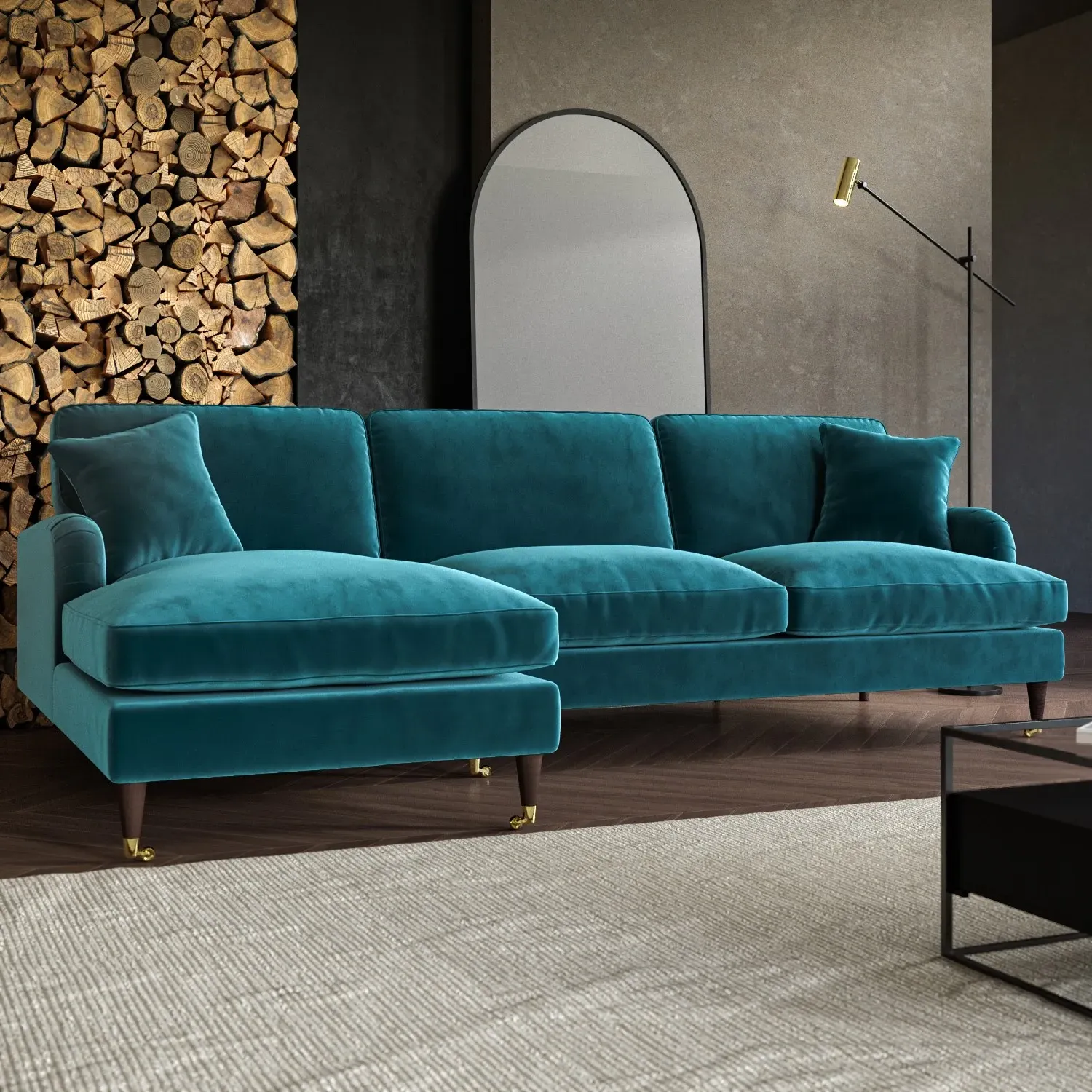 4-Seater Corner Sofa with Chaise - Teal, Velvet