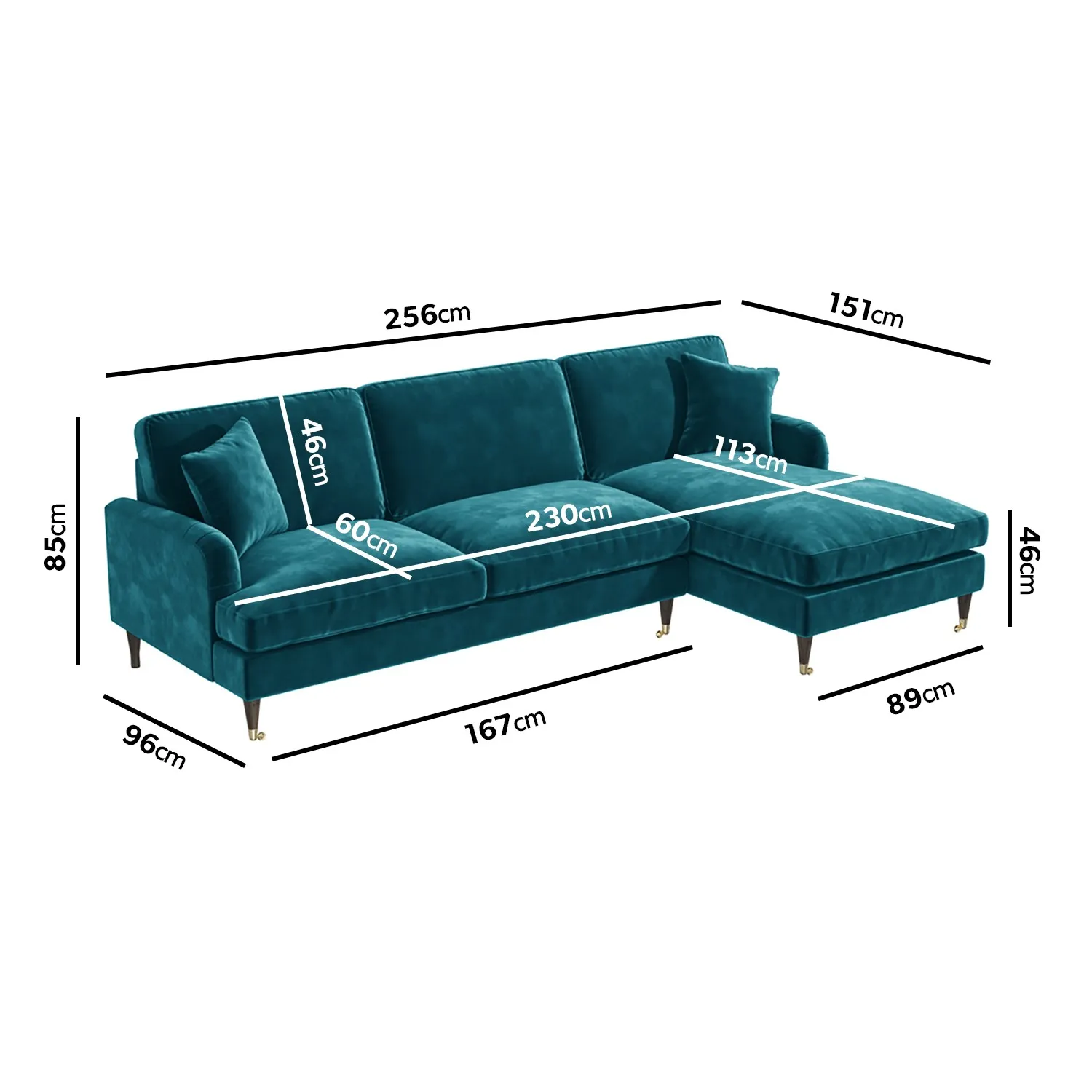 4-Seater Corner Sofa with Chaise - Teal, Velvet