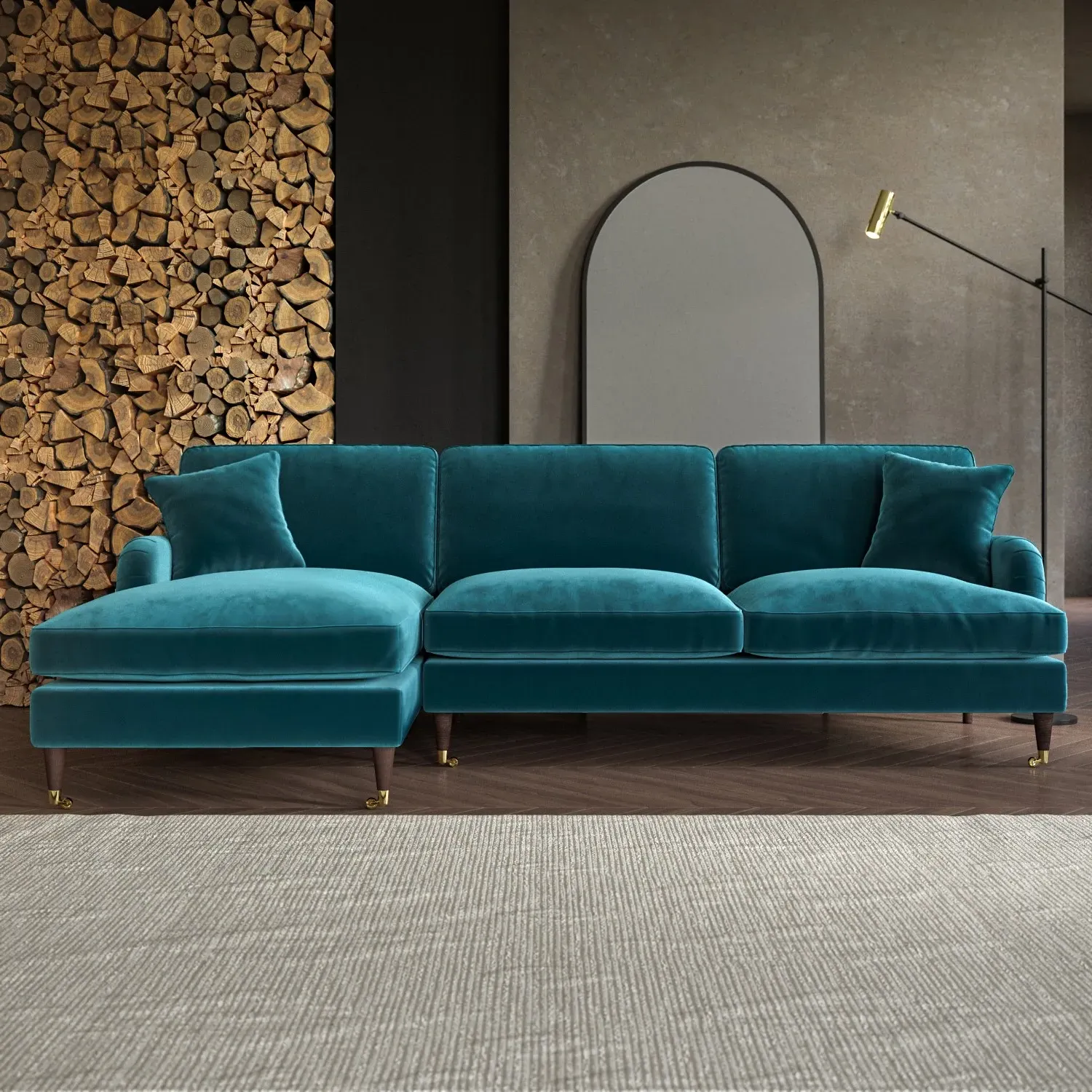 4-Seater Corner Sofa with Chaise - Teal, Velvet