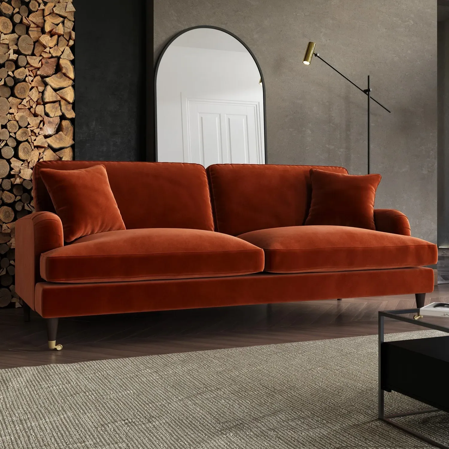 4-Seater Sofa with Scatter Cushions - Orange, Velvet
