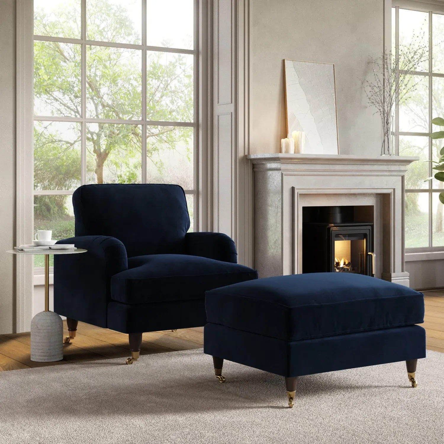 Armchair and Footstool Set - Navy, Velvet