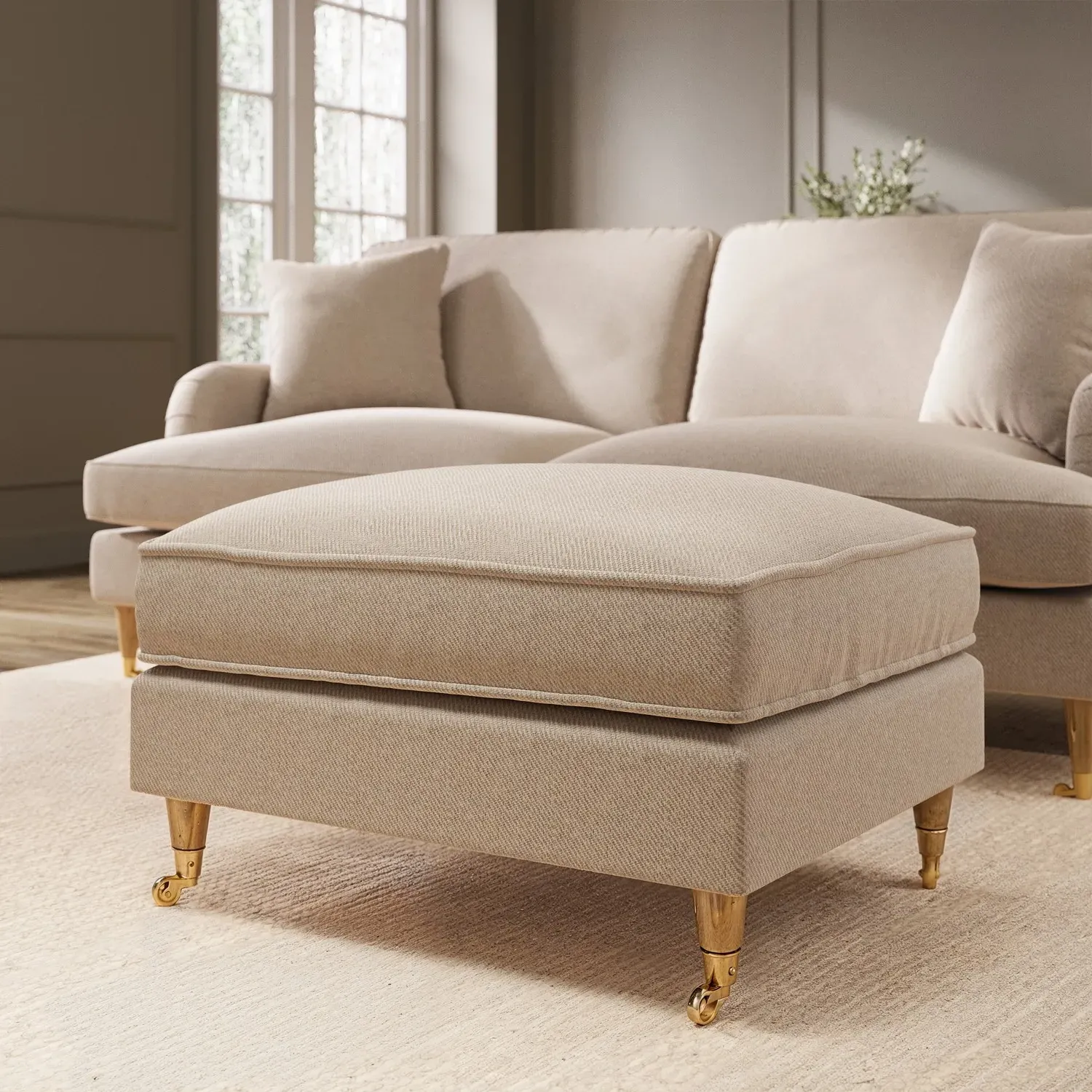 Large Footstool with Castors - Beige, Woven image