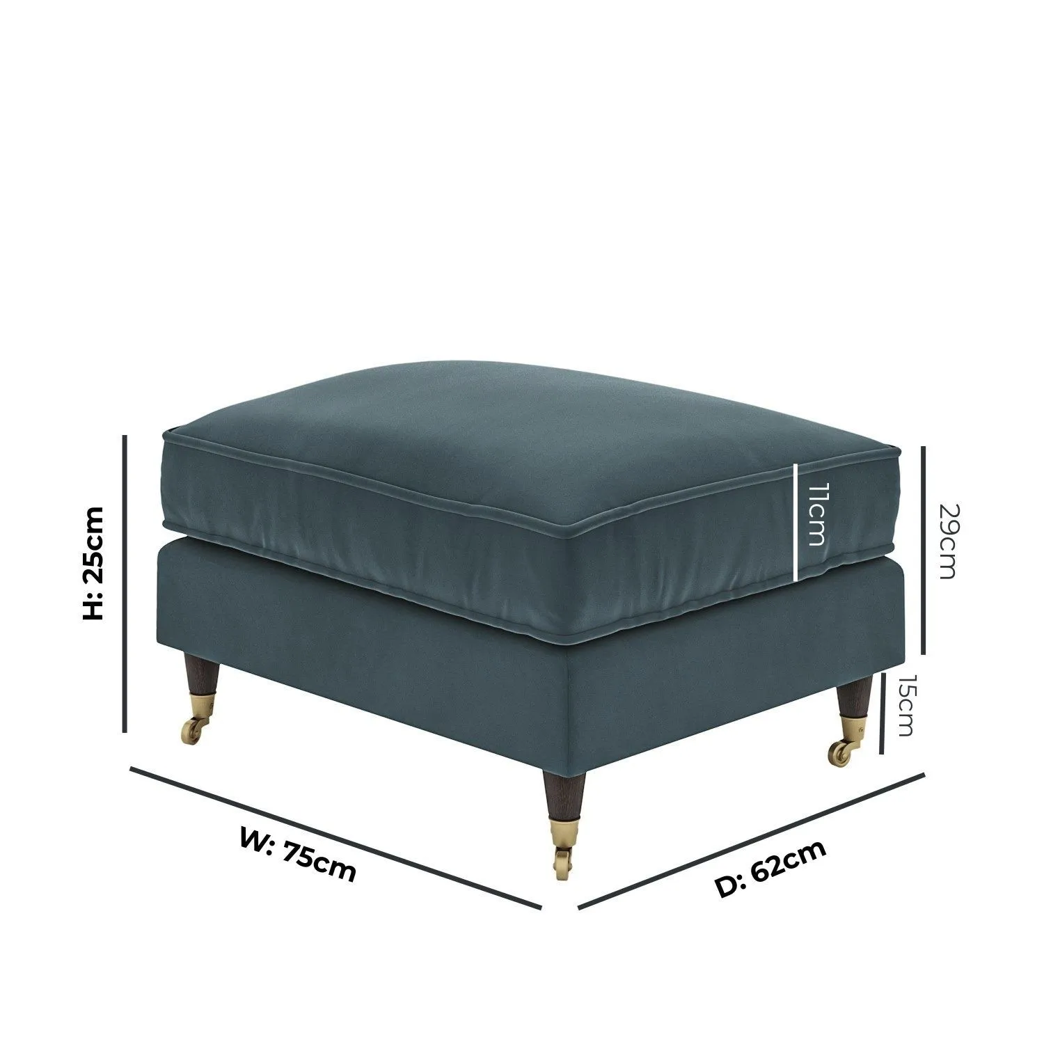 Large Footstool with Castors - Blue, Velvet