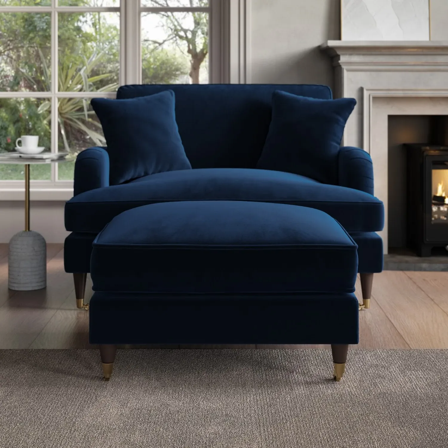 Large Footstool with Castors - Blue, Velvet