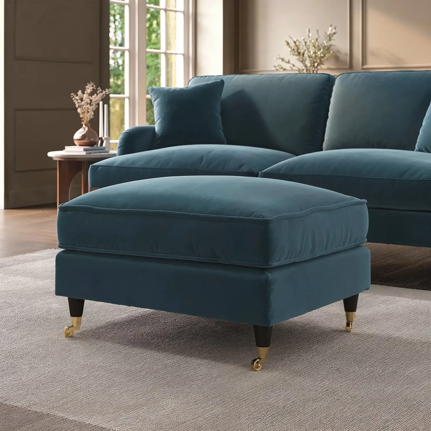 Large Footstool with Castors - Blue, Velvet image