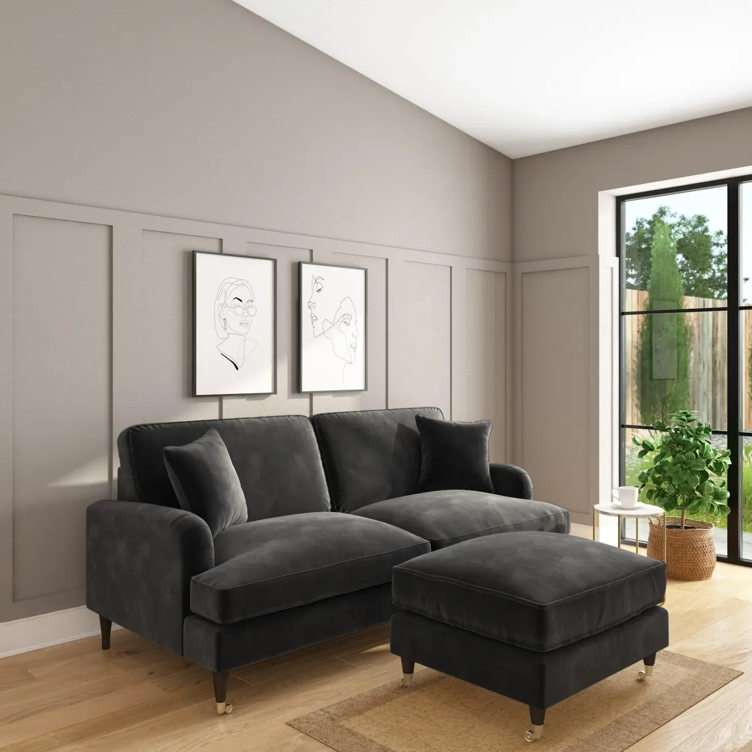 Large Footstool with Castors - Grey, Velvet
