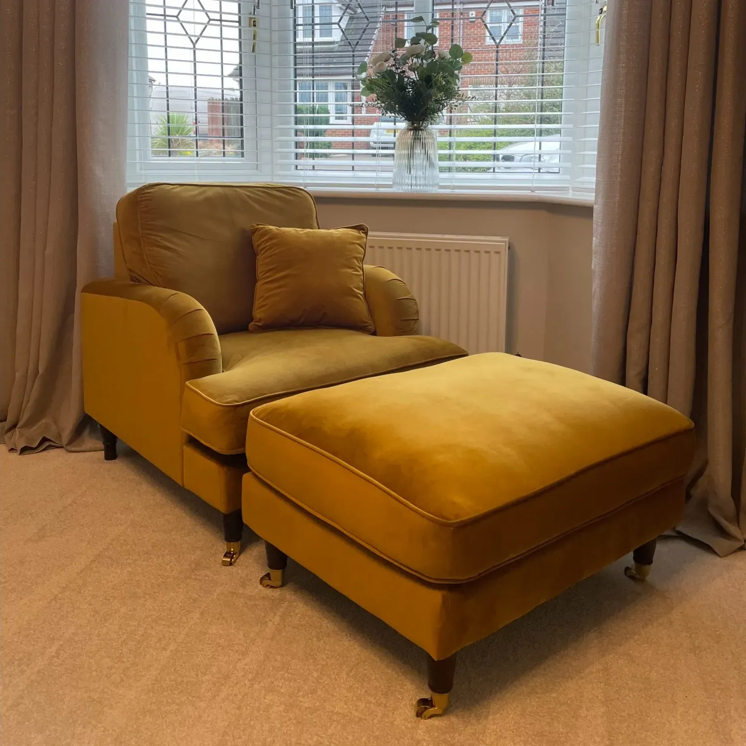 Large Footstool with Castors - Mustard, Velvet